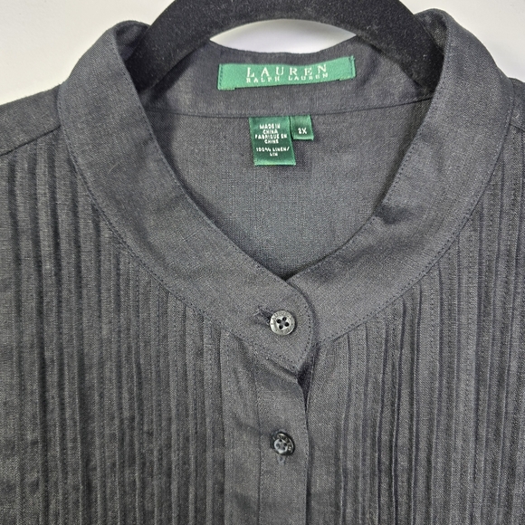 Lauren Ralph Lauren Pintuck Pleat Band Collar 3/4 Sleeve Linen Tunic Black 2X - Picture 3 of 10